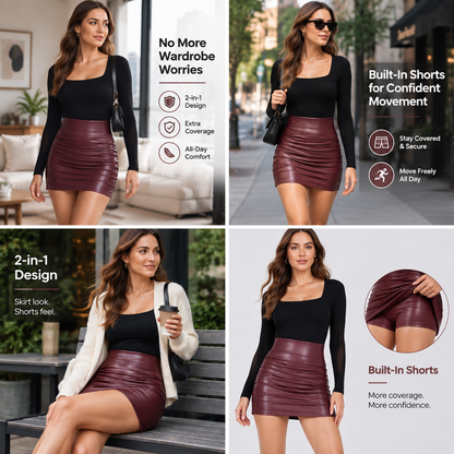 High Waisted Tummy Control Ruched Curved Hem 2-in-1 Fleece PU Mini Bodycon Skirt 🖤