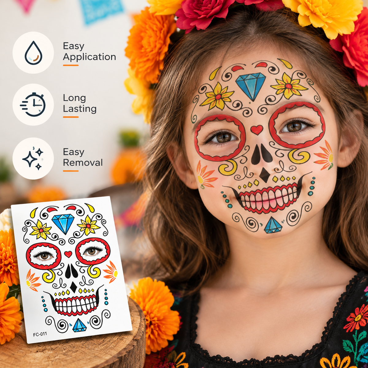 Mexican Dia De Los Muertos Temporary Face Tattoos - Sugar Skull Floral Face Decals 🎭