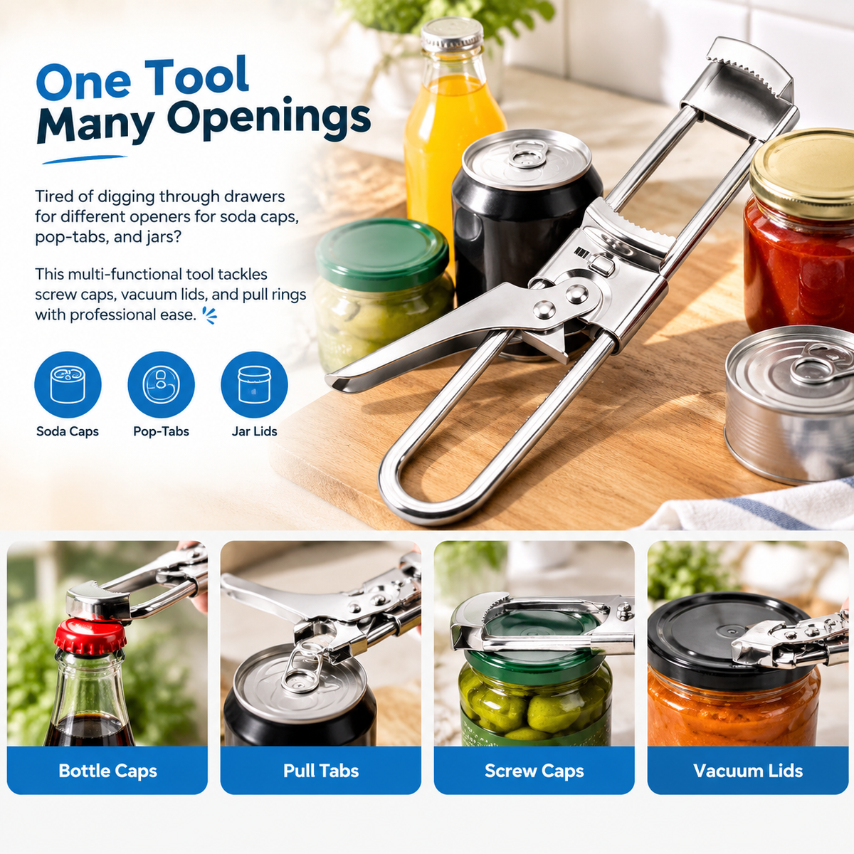 Multifunctional Adjustable Can Opener, Stainless Steel Jar Lid Opener Bottle Opener Tool 🍾