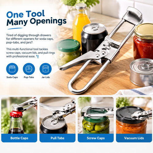 Multifunctional Adjustable Can Opener, Stainless Steel Jar Lid Opener Bottle Opener Tool 🍾
