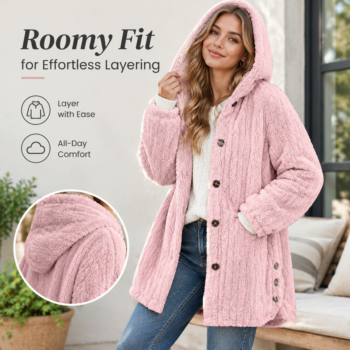 Women’s Lightweight Plush Hooded Jacket, Warm Mid-Length Teddy Bear Cardigan 🧥