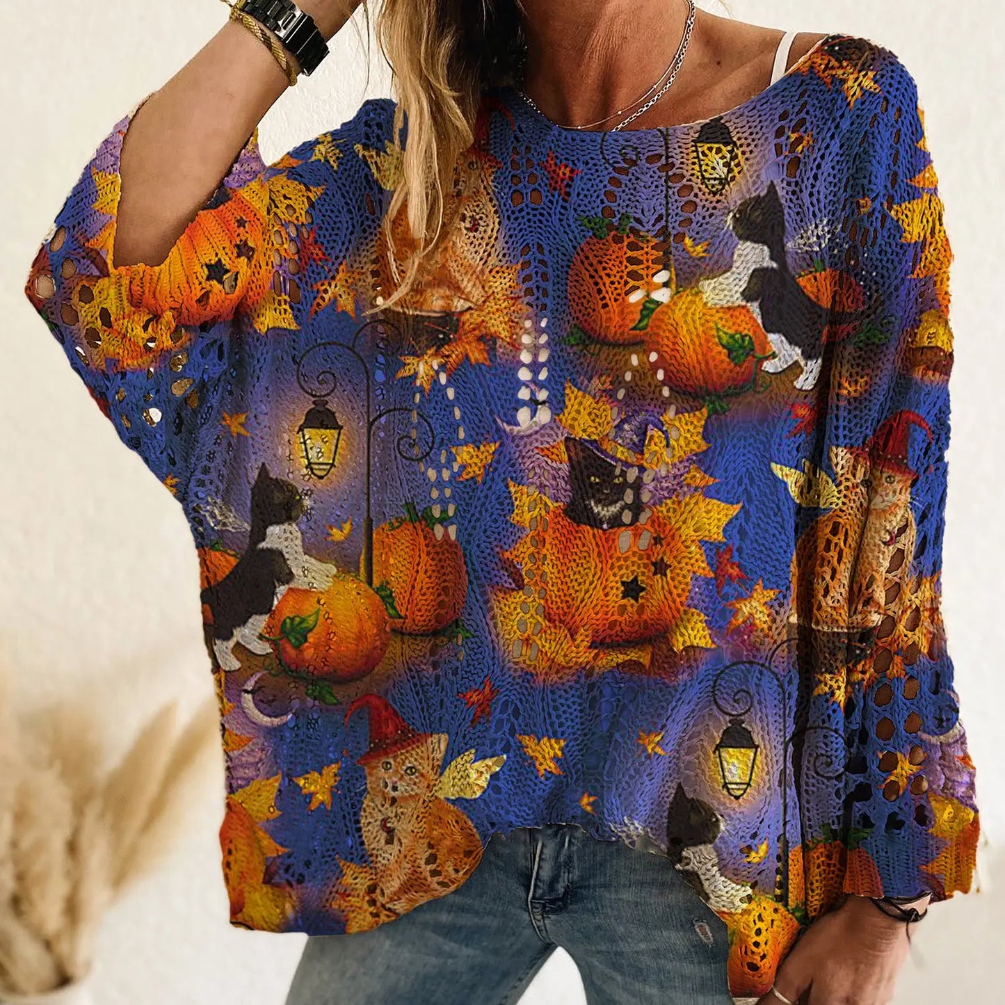 Women's Long-Sleeve Style Knitwear Piece, Halloween Pumpkin-Bat Print Casual Fall Pullover🎃