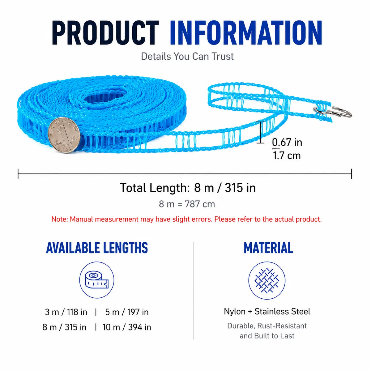 3 Roll Portable Clothesline – 196.85 Inch Adjustable Laundry Line, Windproof & Non-Slip⛺