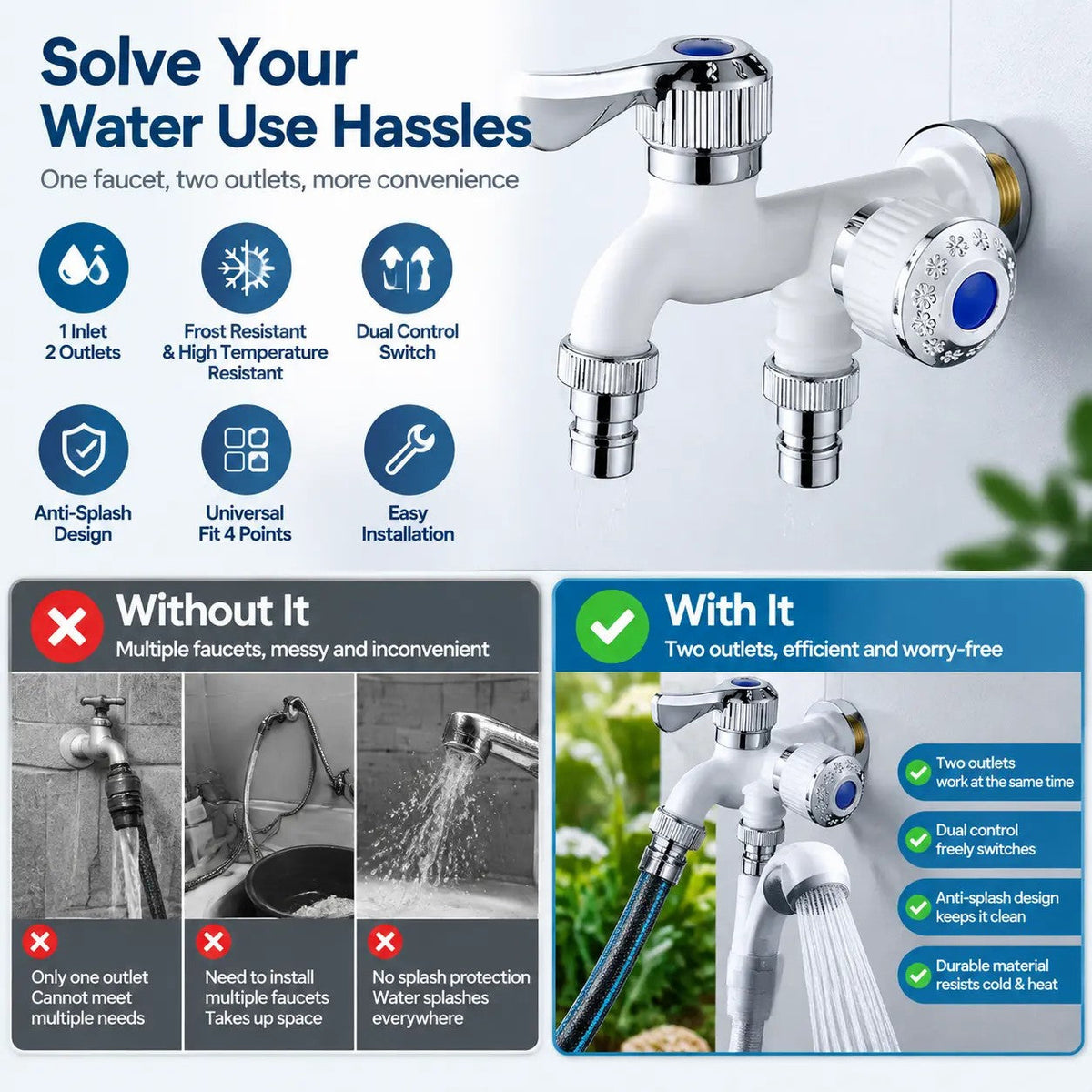 Dual Outlet Washing Machine Plastic Faucet, 1 In 2 Out Water Plastic Tap🚰
