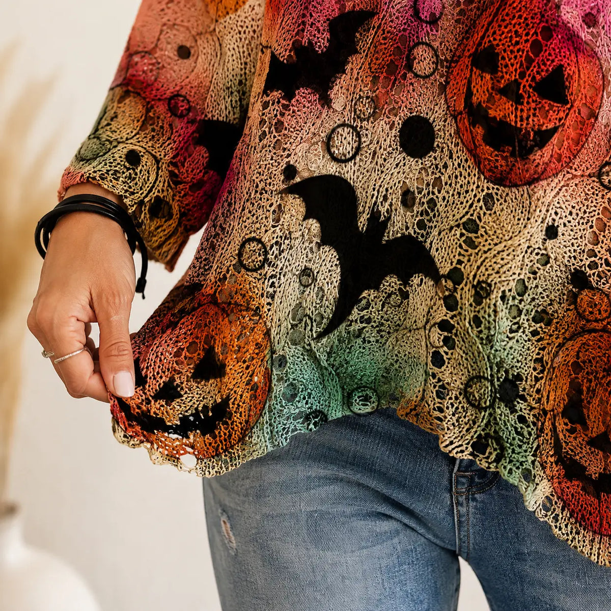 Women's Long-Sleeve Style Knitwear Piece, Halloween Pumpkin-Bat Print Casual Fall Pullover🎃