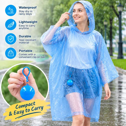 Hooded Disposable Rain Poncho-Random Color, Waterproof Tear-Resistant Portable Raincoat with Keychain Ball🌧️ ☔