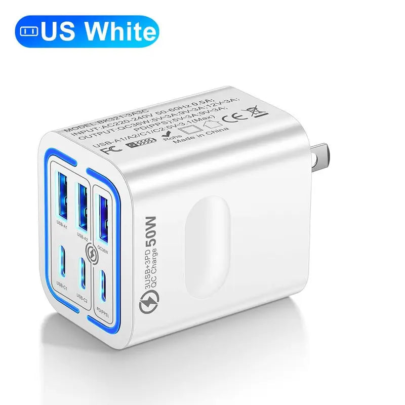 Portable Multi-Port Charging Station, 50W, with 6 USB-C and USB-A Ports