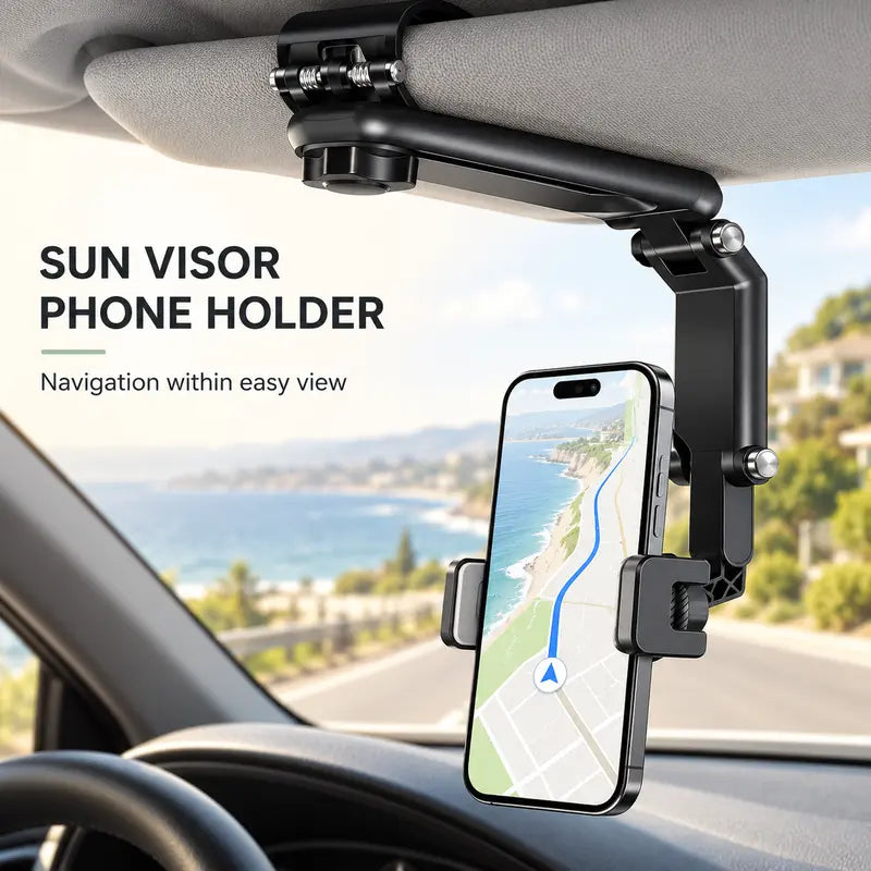 Foldable Car Phone Holder for Sun Visor, Adjustable Arm with 360 Phone Rotation 📱