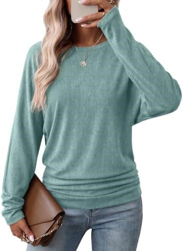 Womens Long Sleeve Shirts Ruched Hem Fall Tops Lightweight Sweaters ✨