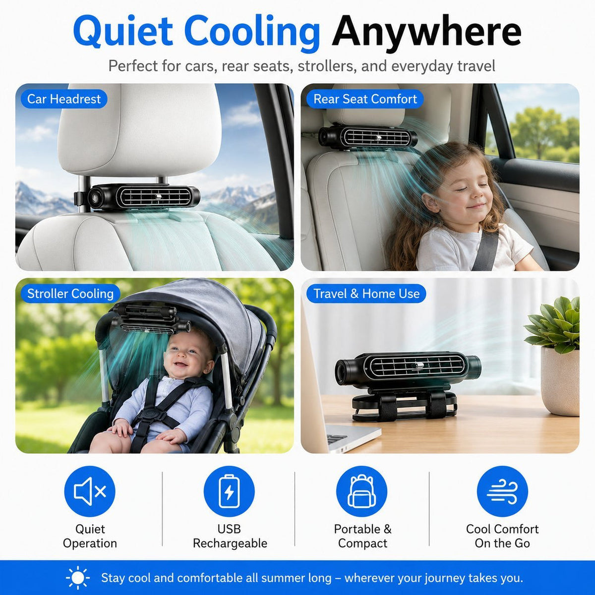 Rechargeable Car Seat Fan, 3 Speed for Car Golf Cart RV💨