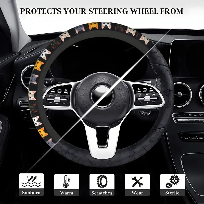 Cute Cat Pet-Themed Pattern, Single-Pack Car Steering Wheel Cover, Comfortable Grip 🐱
