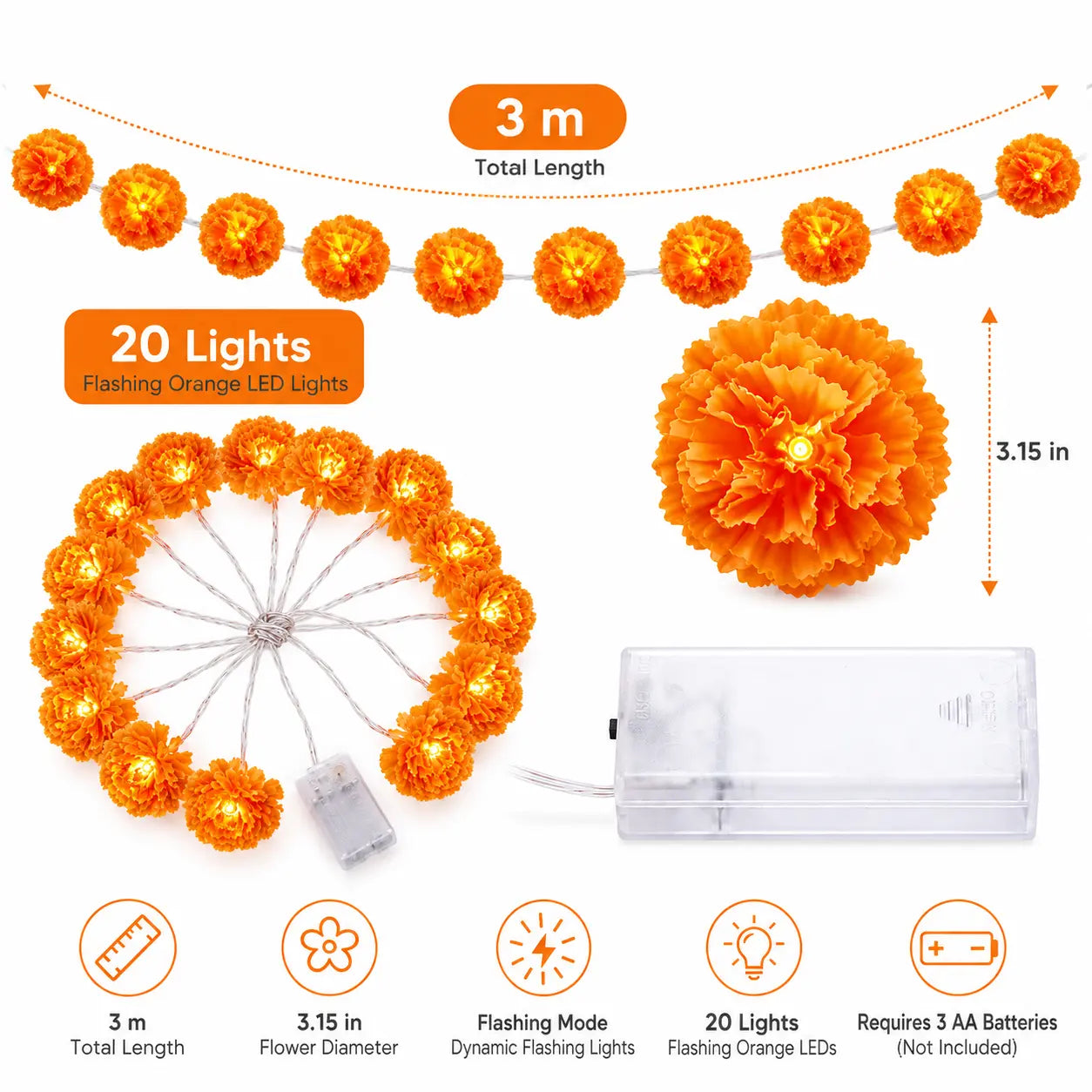 3M Mexican Marigold LED String Lights, 20 Flashing Orange Cempasuchil Style Garland, Battery-Powered🌼✨