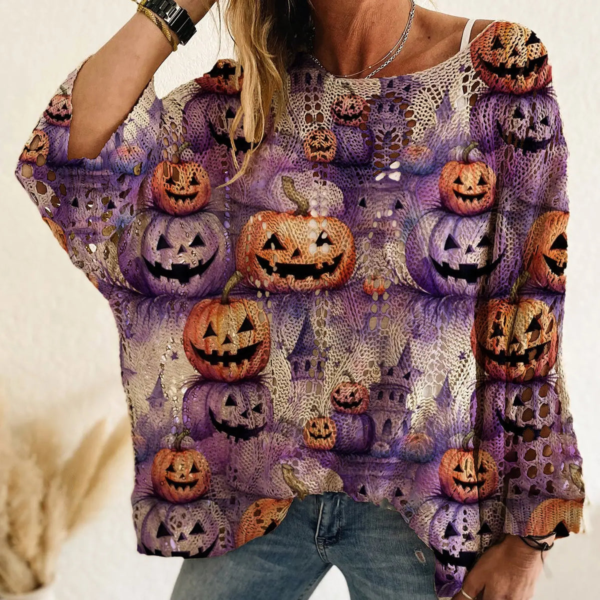 Women's Long-Sleeve Style Knitwear Piece, Halloween Pumpkin-Bat Print Casual Fall Pullover🎃