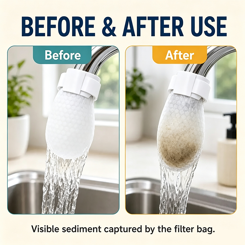 White cotton water filter showing visible trapped buildup