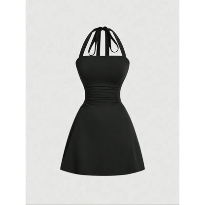 Women's Plain Ruched Tie Back Halter Neck Dress💃