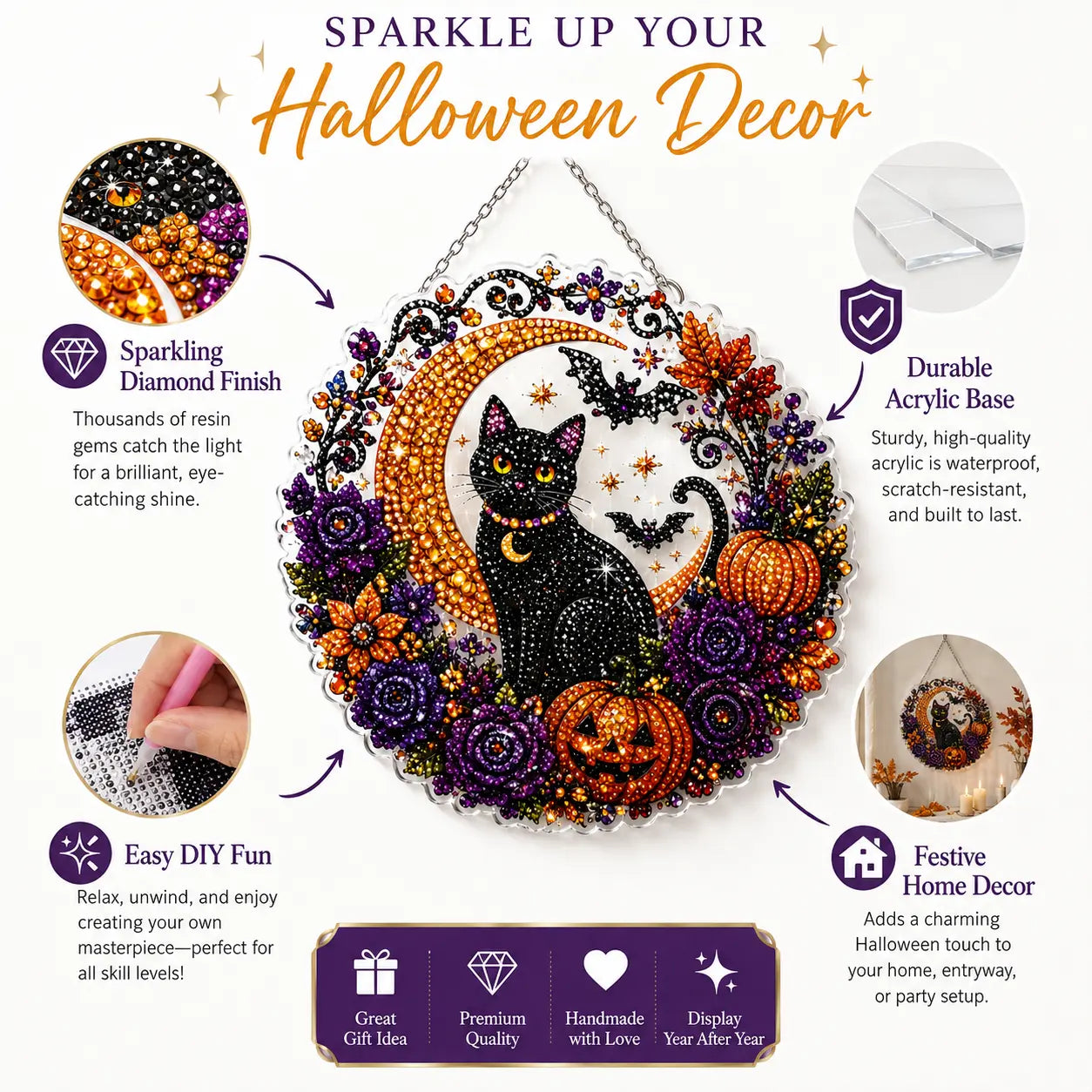 Halloween Diamond Painting Hanging Ornament Kit, Black Cat Moon🎃