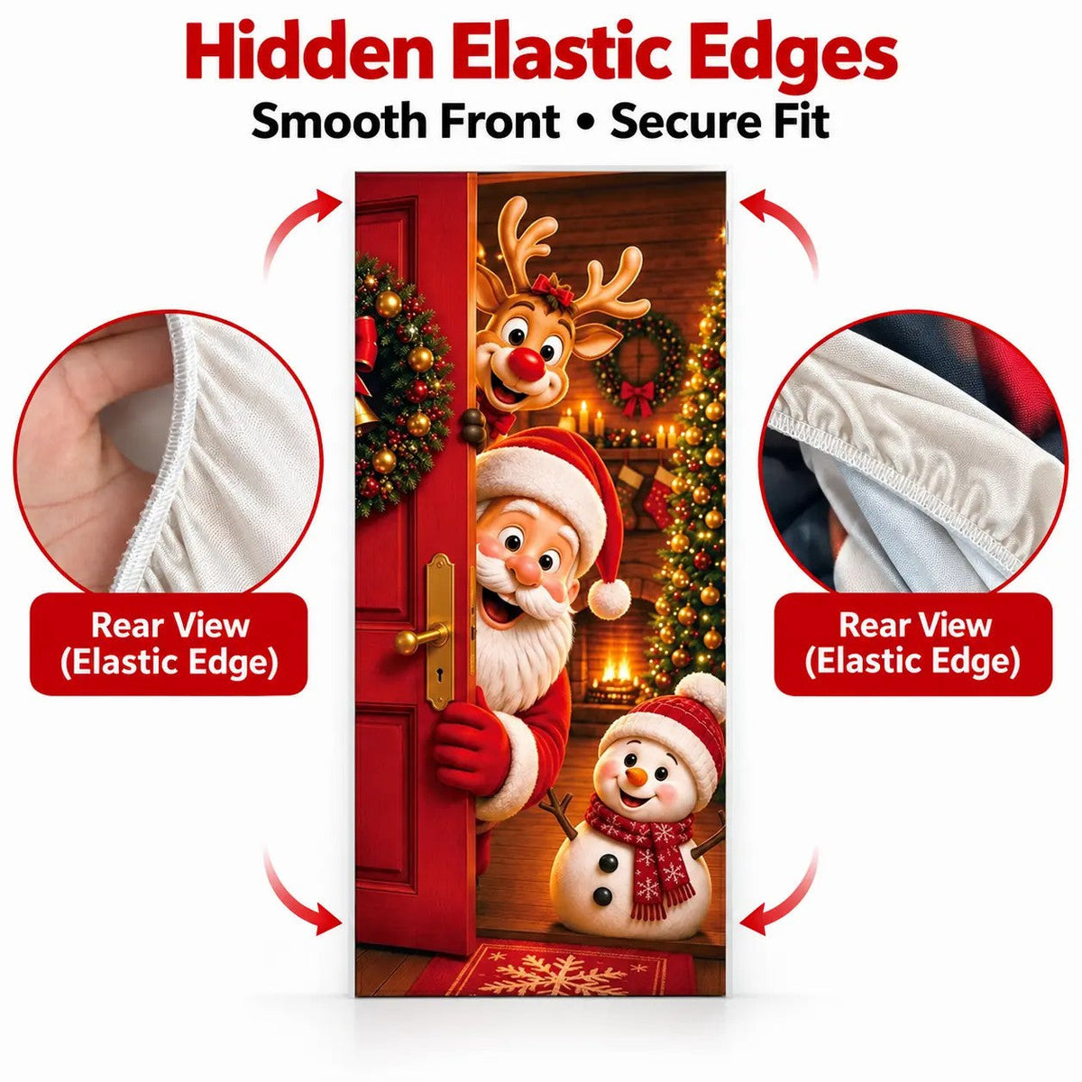 Christmas Door Cover - Stretch Fit Santa & Reindeer Door Decoration with 4-Side Elastic Edges🎅