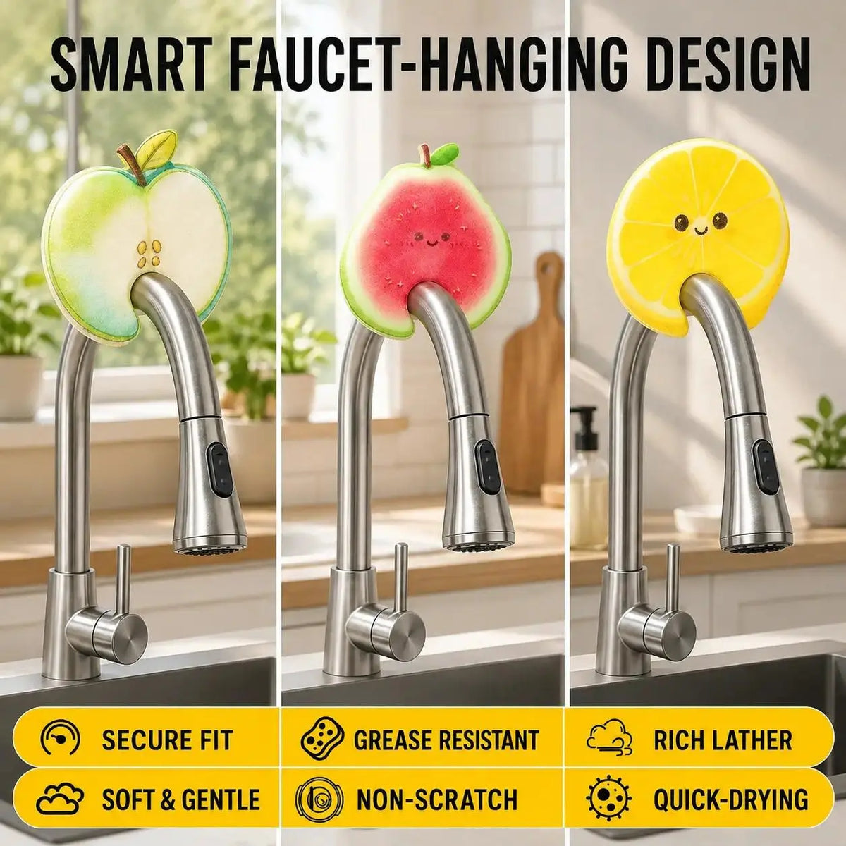 Compressed Cellulose Sponges - 3-Pack Fruit-Shaped Natural Pop-Up Kitchen Sponges🧽