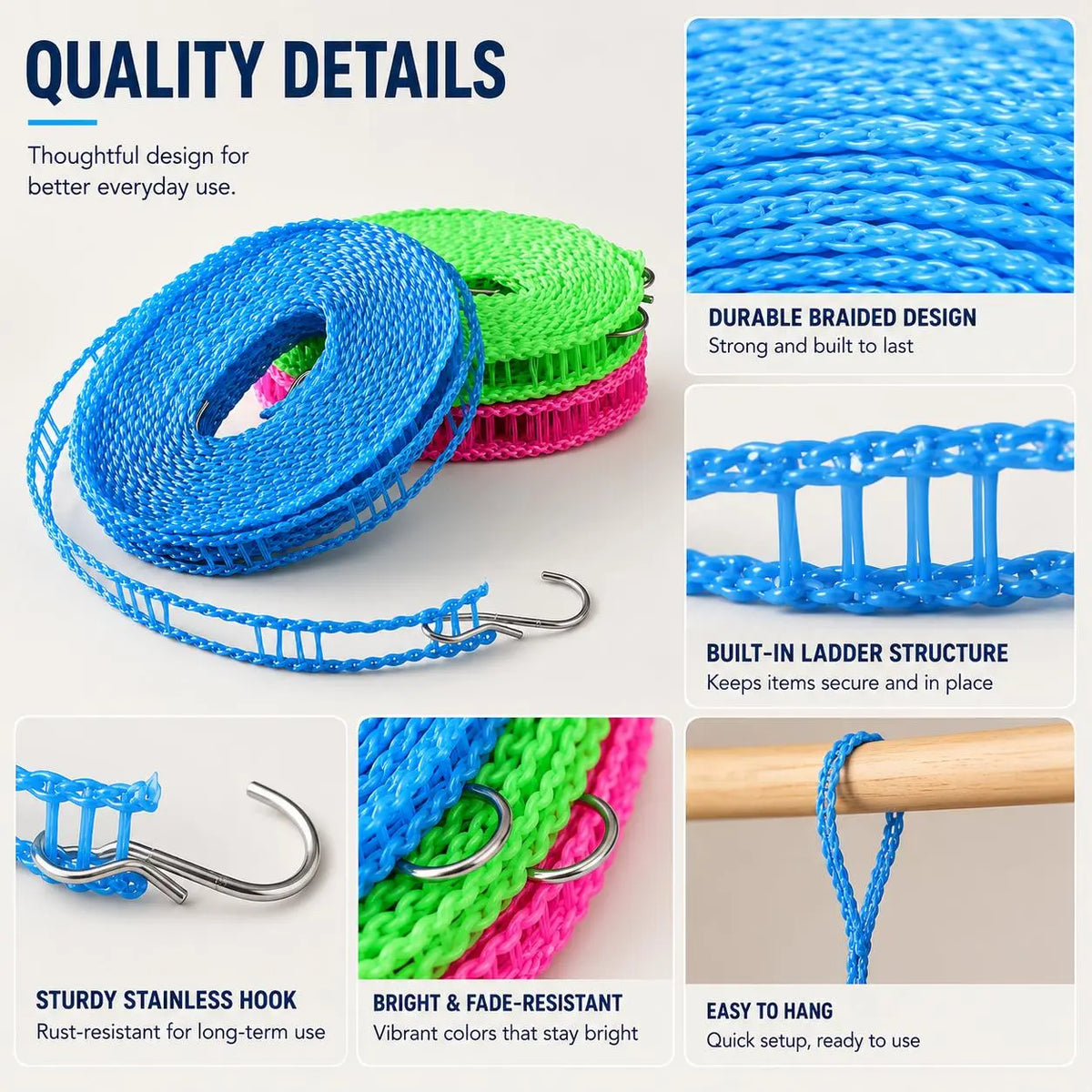 3 Roll Portable Clothesline – 196.85 Inch Adjustable Laundry Line, Windproof & Non-Slip⛺