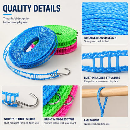 3 Roll Portable Clothesline – 196.85 Inch Adjustable Laundry Line, Windproof & Non-Slip⛺