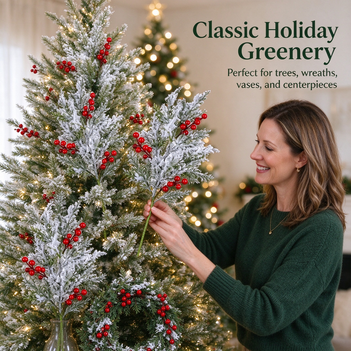 6 Pcs Artificial Frosted Christmas Pine-Cedar Stems with Red Berries, Snowy Evergreen Picks 💐