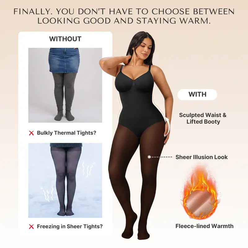 Women's Sheer-Panel Fleece-Lined Tights Bodysuit 🖤