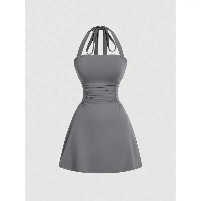 Women's Plain Ruched Tie Back Halter Neck Dress💃