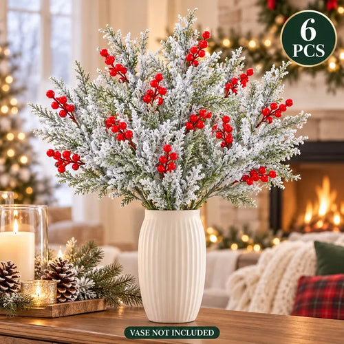 6 Pcs Artificial Frosted Christmas Pine-Cedar Stems with Red Berries, Snowy Evergreen Picks 💐
