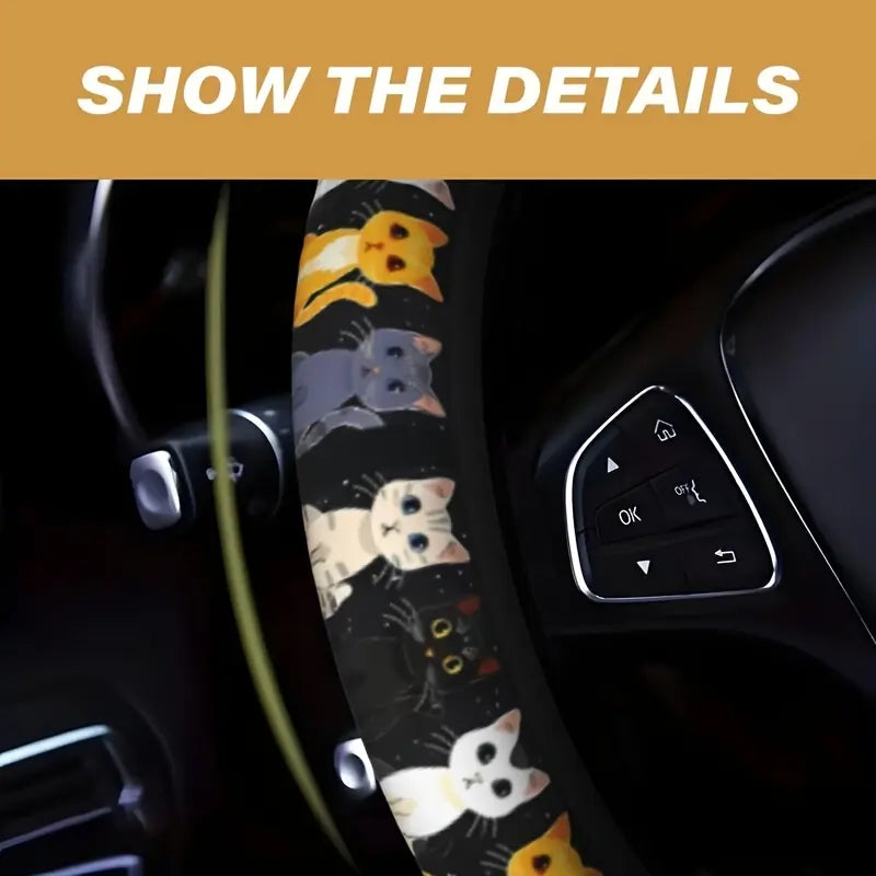 Cute Cat Pet-Themed Pattern, Single-Pack Car Steering Wheel Cover, Comfortable Grip 🐱