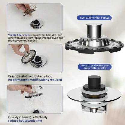3-in-1 Pop-up Sink Stopper - 1 Pack Chrome🚿