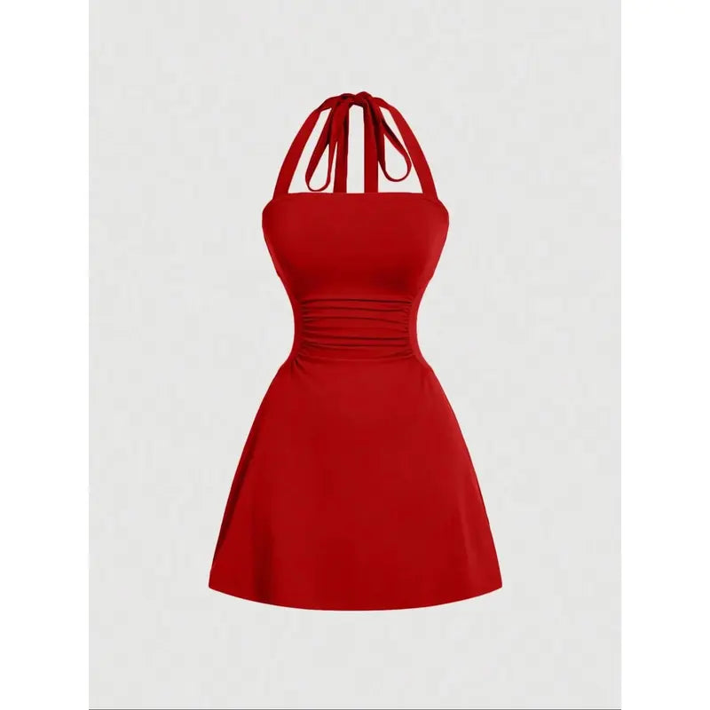 Women's Plain Ruched Tie Back Halter Neck Dress💃