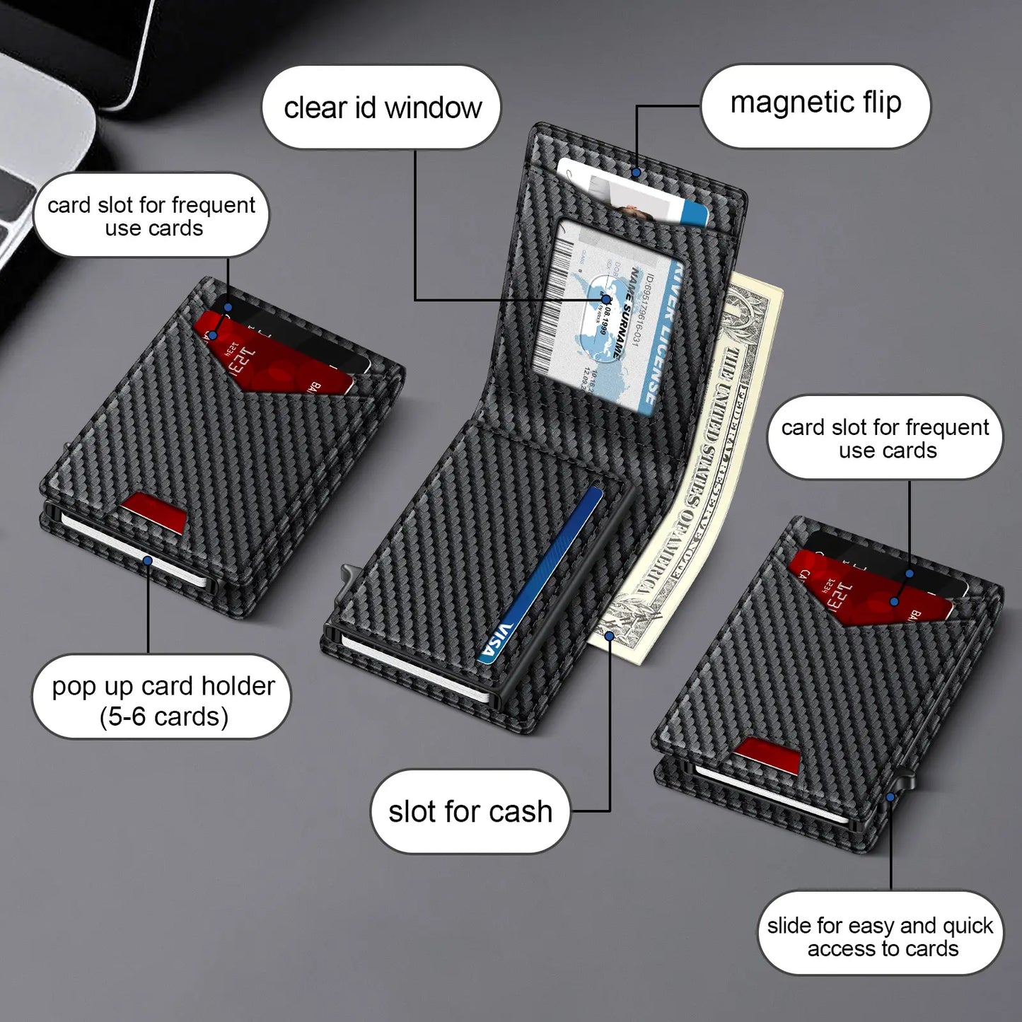 Men's RFID Minimalist Bifold Wallet - 1 ID Window, Pop-Up Card Holder, Money Clip💳
