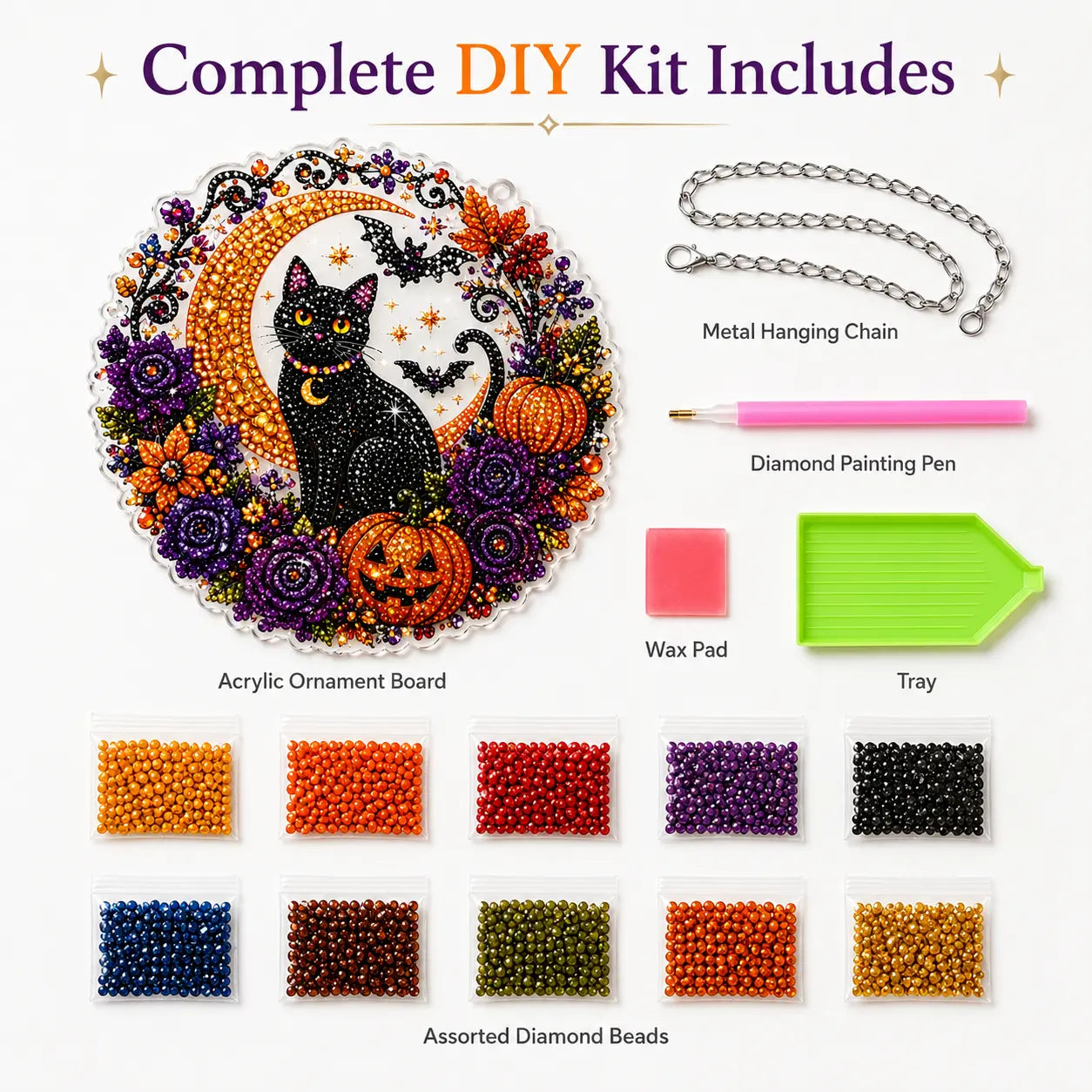 Halloween Diamond Painting Hanging Ornament Kit, Black Cat Moon🎃