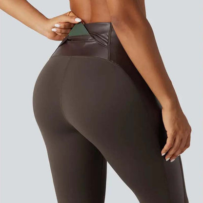 High Waisted Stretchy PU Tummy Control Yoga Leggings with Pocket 🖤✨