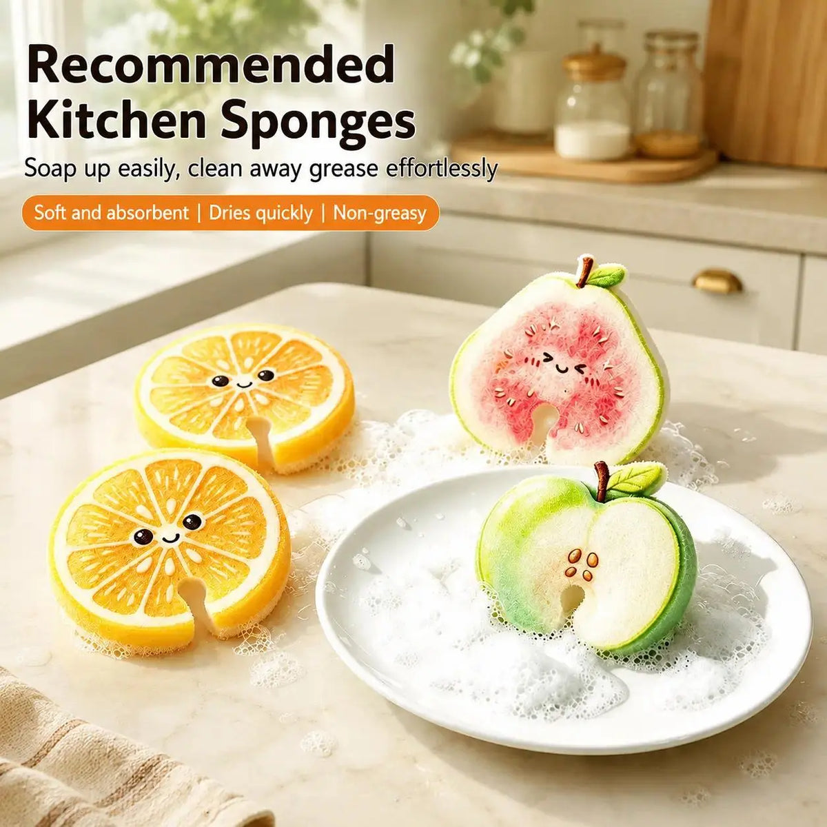 Compressed Cellulose Sponges - 3-Pack Fruit-Shaped Natural Pop-Up Kitchen Sponges🧽