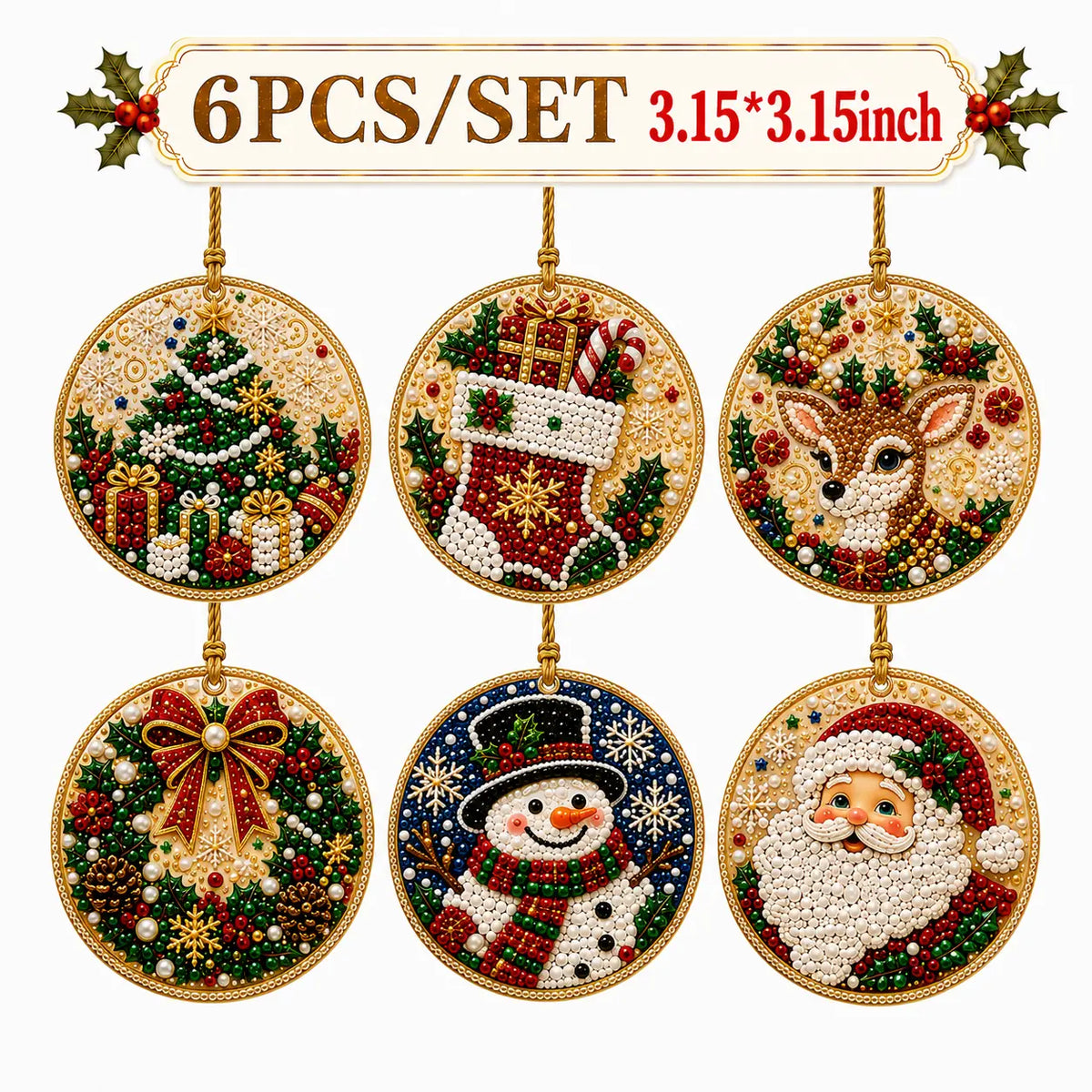 6Pcs/12Pcs Christmas DIY Diamond Painting Ornaments Kit, Xmas Tree Hanging Pendant🎄