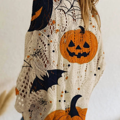 Women's Long-Sleeve Style Knitwear Piece, Halloween Pumpkin-Bat Print Casual Fall Pullover🎃