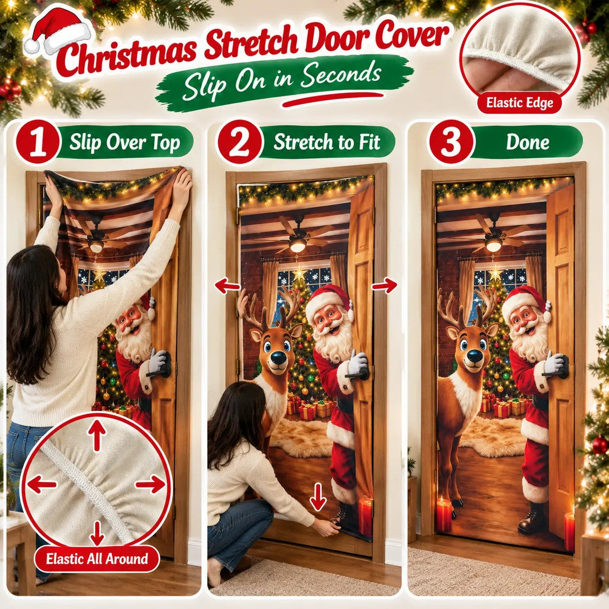 Christmas Door Cover - Stretch Fit Santa & Reindeer Door Decoration with 4-Side Elastic Edges🎅
