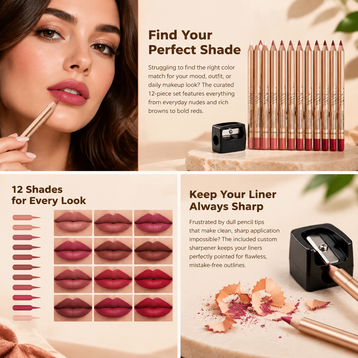 12 Pcs Matte Lip Liner Set with Sharpener, Blendable Lip Pencil 💋