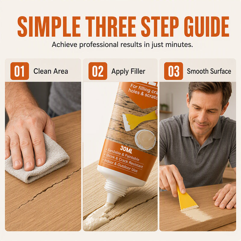 Three step wood filler repair process